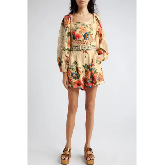 Farm Rio Delicate Garden Printed Linen Blend Long Crochet Lace Sleeve Romper